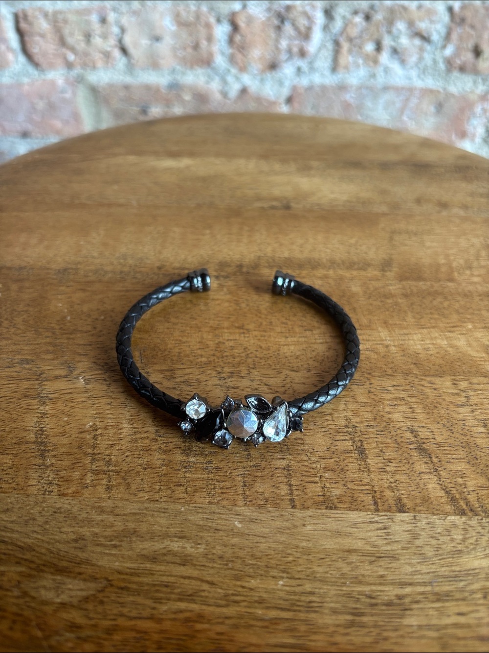 Black Braided Leather Crystal Accent Magnetic Bracelet